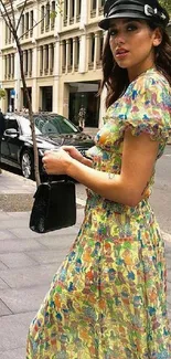 Vibrant street fashion with a colorful outfit on a city sidewalk.