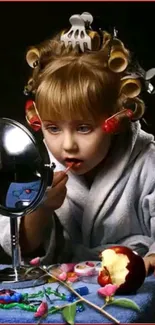 Young girl in front of a vanity mirror applying lipstick, with curlers in her hair.