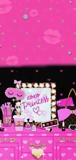 Chic pink vanity mobile wallpaper with makeup and accessories.