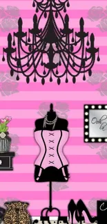 Chic vintage fashion wallpaper with pink stripes and chandelier.