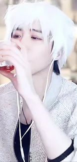 White-haired person with headphones drinking from a glass.