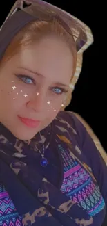 Woman with glitter face filter and chic attire on black background.