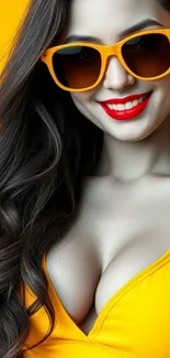 Stylish woman in yellow sunglasses and dress smiling.