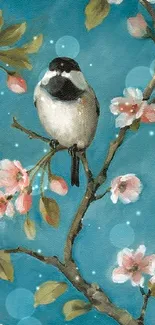 Chicadee perched on flowering branch with teal background.