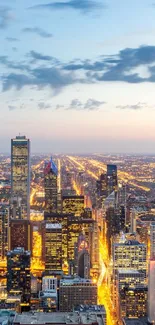 Chicago cityscape at dusk with illuminated skyline and lake.