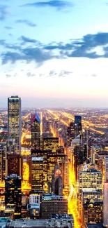 Chicago cityscape with vibrant night lights and skyscrapers.