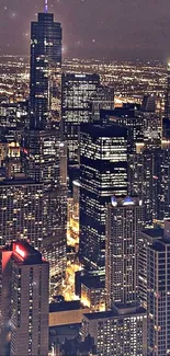 Chicago cityscape at night with illuminated skyscrapers.