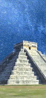 Mayan pyramid under a starry night sky with a cosmic background.