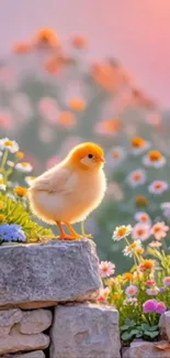 Fluffy chick surrounded by spring flowers in a picturesque setting.