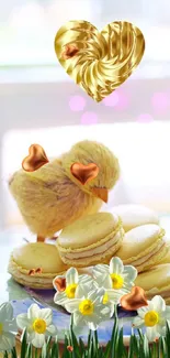 Cute chick with macaroons and spring flowers.