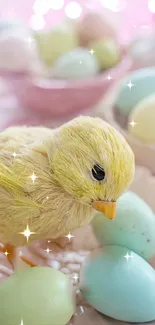 Cute chick with pastel Easter eggs and sparkles.