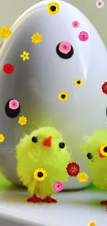 Yellow fluffy chicks with a white egg and colorful flowers.