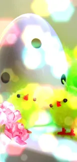 Neon yellow chicks with a spotted egg and pink flowers on a mobile wallpaper.