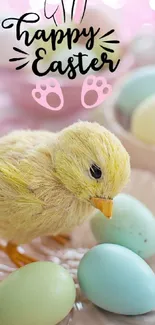 Cute chick and Easter eggs mobile wallpaper with festive design.