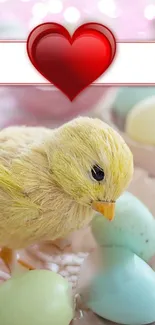 Cute chick, pastel eggs, and heart on Easter wallpaper.