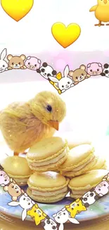 Cute duckling and yellow macarons with heart frame mobile wallpaper.