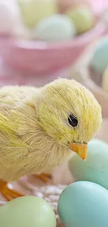 Fluffy chick with pastel eggs in a spring-themed wallpaper.