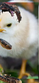 Chick with rooster and snake in lush greenery.