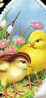 Vintage wallpaper with two cute chicks in a decorative egg setting.