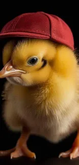 Cute yellow chick wearing a red cap on a black background.