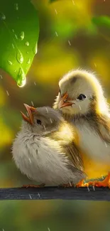 Two fluffy chicks sitting on a branch under a vibrant green leaf.