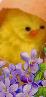 A fluffy yellow chick with purple flowers, in a cheerful design.