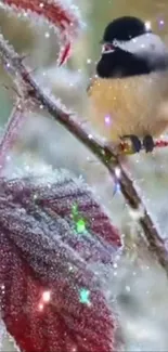 Chickadee perched on frosty red leaves in winter landscape.