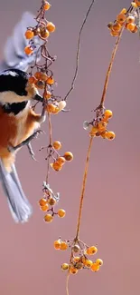 Vibrant bird among berries in nature backdrop.