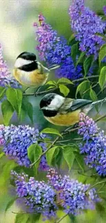 Two chickadees perched on vibrant purple lilac flowers.