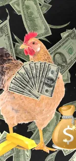 Humorous wallpaper featuring a chicken with cash and flying dollar bills.