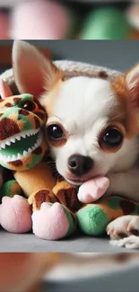 Chihuahua snuggles with a plush dinosaur toy under a cozy blanket.