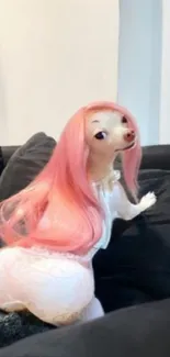 Chihuahua with pink wig on sofa