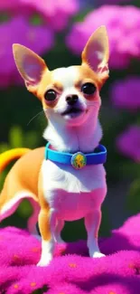 Chihuahua standing on pink flowers in a vibrant garden.