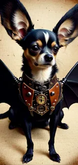 Chihuahua with steampunk wings on a fantasy wallpaper background.