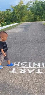 Child walking on a road with greenery around, symbolizing a journey.