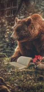 A child and bear share a moment in a magical forest setting with a book and flowers.