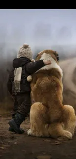 Child and large dog sit together on a serene pathway.