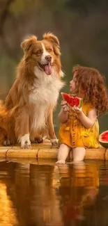 Girl and dog share a watermelon by the water in a serene, natural setting.