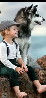 Child and dog sitting on coastal rocks, serene and picturesque scene.