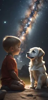 Boy and puppy under the Milky Way in a dark, starry night wilderness.