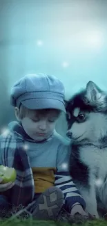 Child and dog under a dreamy blue starry sky.