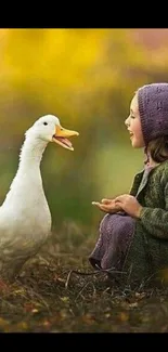 A child and duck in a peaceful outdoor nature scene.