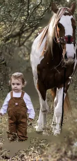 Child with horse in a mystical forest setting mobile wallpaper.