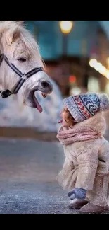 Little girl in winter attire interacting with a horse on a dimly lit street.