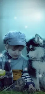 Child and husky sitting in a mystical forest scene.