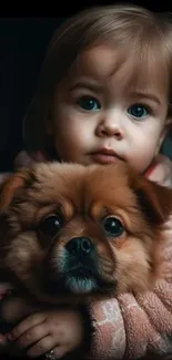 Young child warmly embraces a fluffy puppy.