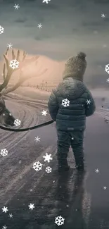 Child with reindeer on snowy path, cozy winter wallpaper.