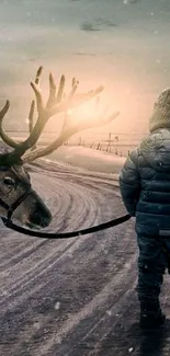 Child with reindeer on snowy path under a soft winter sky.