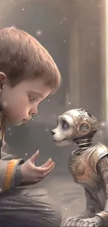 Child facing small humanoid robot in artistic scene.