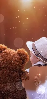 Child in hat with teddy bear under warm sepia glow.